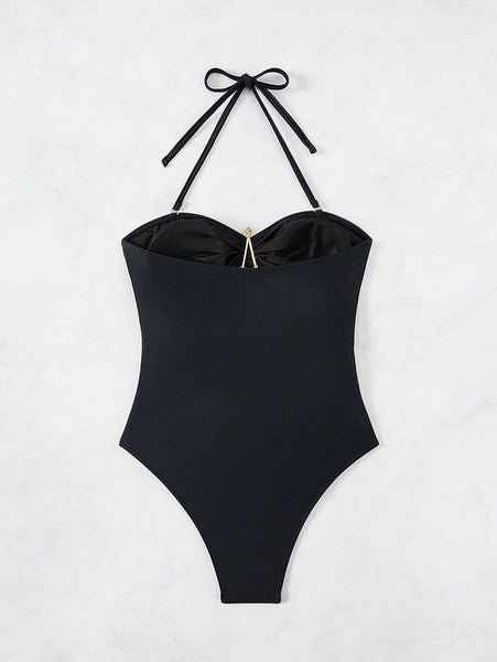 Black Solid Halter One Piece Swimsuit