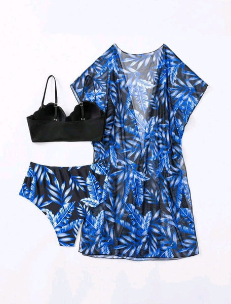 Shell Pattern High Waist Three Piece Swimsuit Black