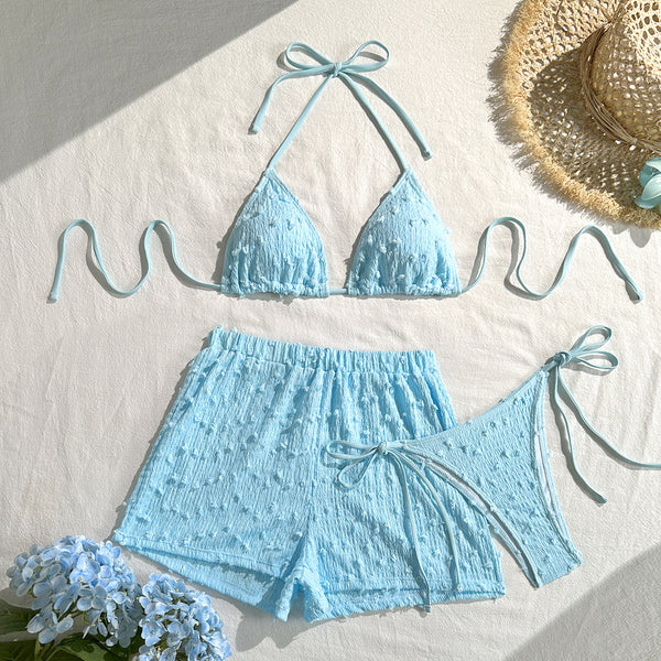 Sky Blue Solid Halter Bikini Set With Beach Shorts