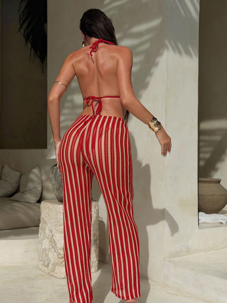 Red Stripes Halter Bikini Set With Beach Pants
