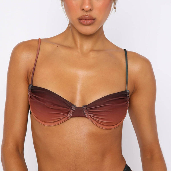 Faded Spaghetti Straps Two Piece High Waist Bikini Brown
