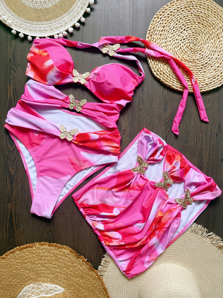 Pink Abstract Halter One Piece Swimsuit With Beach Skirt