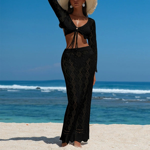 Black Solid Knitted Top With Skirt