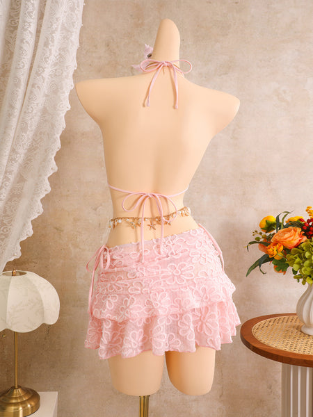 Pink Lace Texture Halter Bikini Set With Beach Skirt