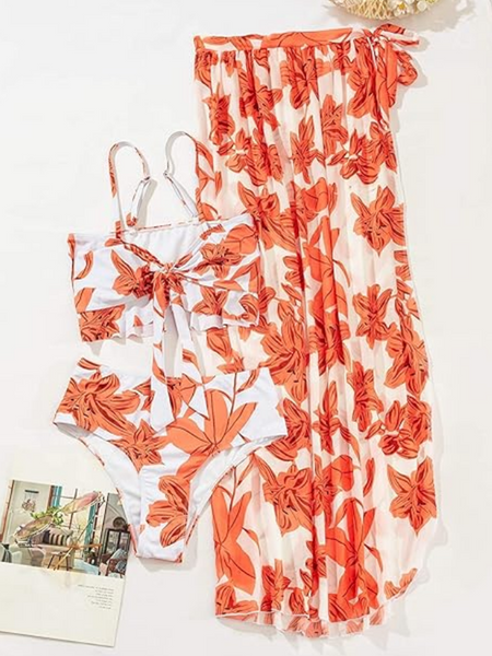 Floral Print 3pack Ruffle Hem Bikini Swimsuit Orange