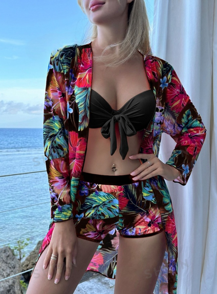 Tropical Print Underwire Bikini Swimsuit With Kimono Black