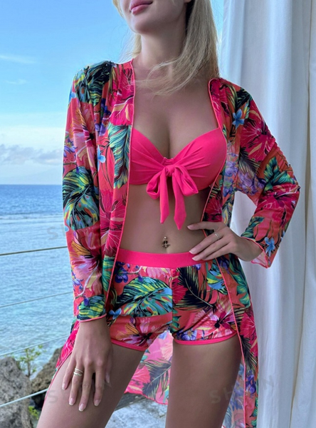 Tropical Print Underwire Bikini Swimsuit With Kimono Pink