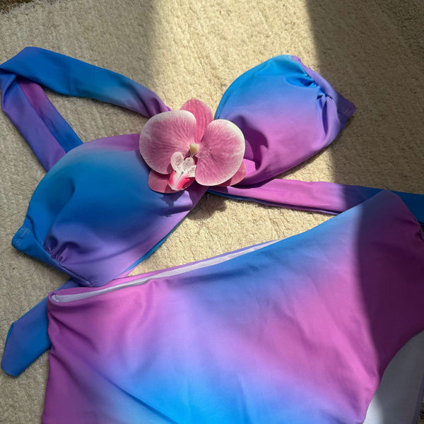 High Waist Bikini Set one-Shoulder Swimwear Blue