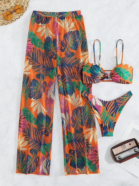 Tropical print bikini swimsuit with cover up pants Orange