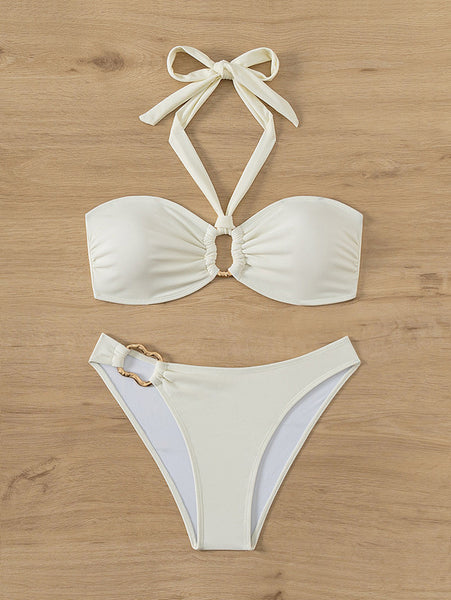 Lace-up Halter neck Two Wear Sexy Bikini Swimsuits White