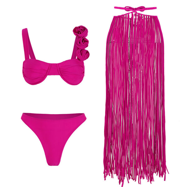 Fringe Bra Top And Skirt Three Piece Swimsuit Dark Pink