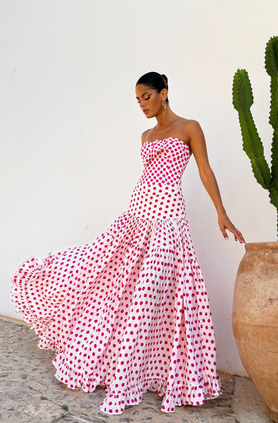 Red Polka Dots Tie Front One Piece Swimsuit With Maxi Cover Up