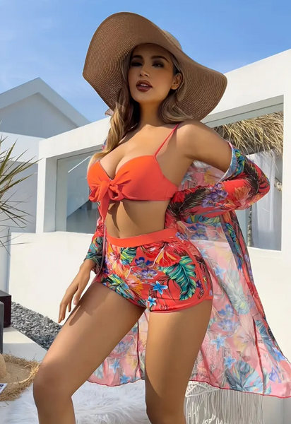 Tropical Print Underwire Bikini Swimsuit With Kimono Orange