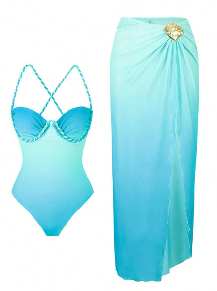 Light Blue Ombre One Piece Swimsuit With Sarong