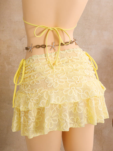 Yellow Lace Texture Halter Bikini Set With Beach Skirt