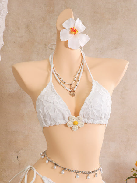 White Lace Texture Halter Bikini Set With Beach Skirt