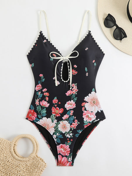 Black Floral Deep V One Piece Swimsuit With Sarong