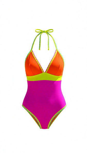 Multicolor Colorblock Halter One Piece Swimsuit