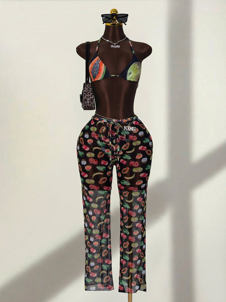 Black Fruit Print Halter Bikini Set With Beach Pants