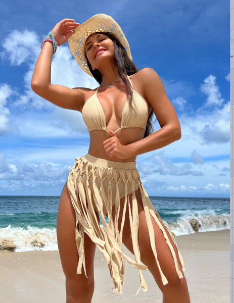 Cream Solid Halter Bikini Set