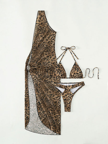 Leopard Animal Print Halter Bikini Set with Sheer Robe