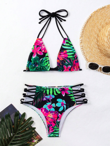 Women's Crossover Bikini Sets Floral Tropical Pink