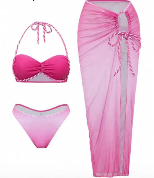 Pink Solid Halter Bikini Set With Sarong