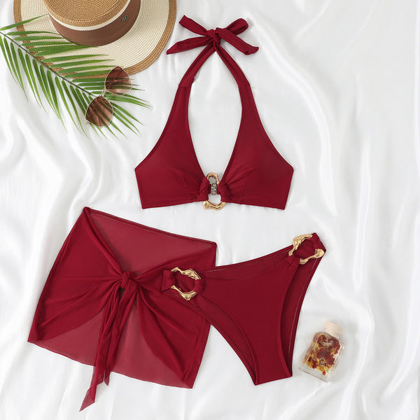 Maroon Solid Halter Bikini Set With Sarong