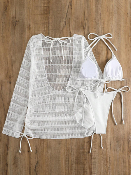 Drawstring Long Sleeve Hollow Out Backless Bikini Set White