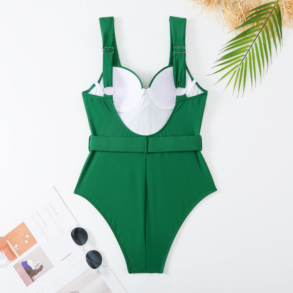 Solid Metal Ring with Strap Décor One Piece Swimsuit Green