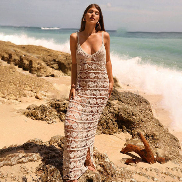 Brown Solid Hollow Crochet Spaghetti Strap Beach Dress