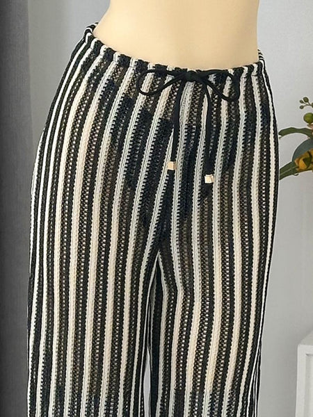 Black Stripes Halter Bikini Set With Beach Pants