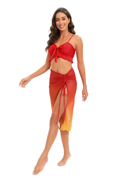 Gradient Colored Bikini Set With Front Knot Detail And Mesh Cover Up Red