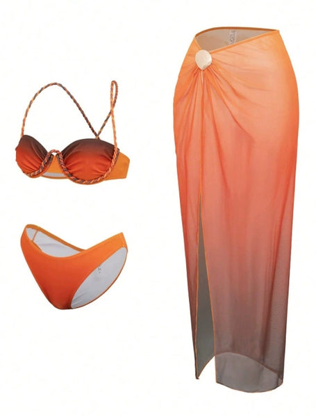 Orange Ombre Underwire Bikini Set With Sarong