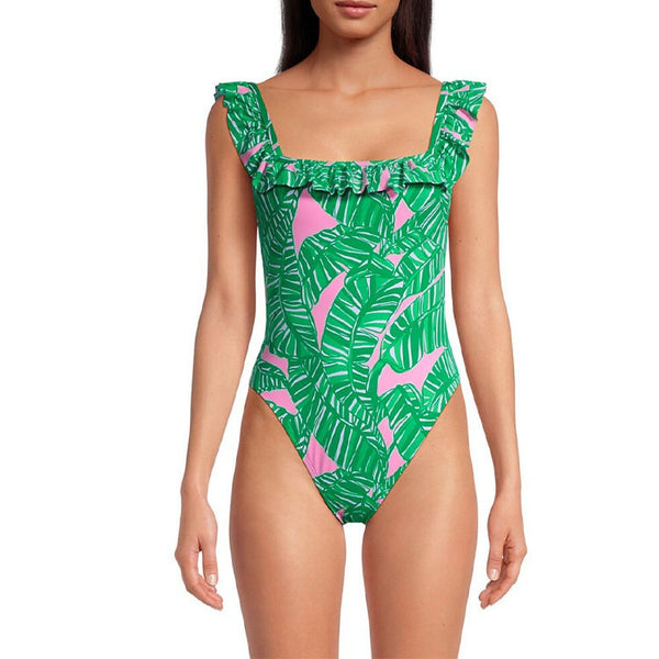 Green Tropical Ruffle One Piece Swimsuit With Beach Skirt