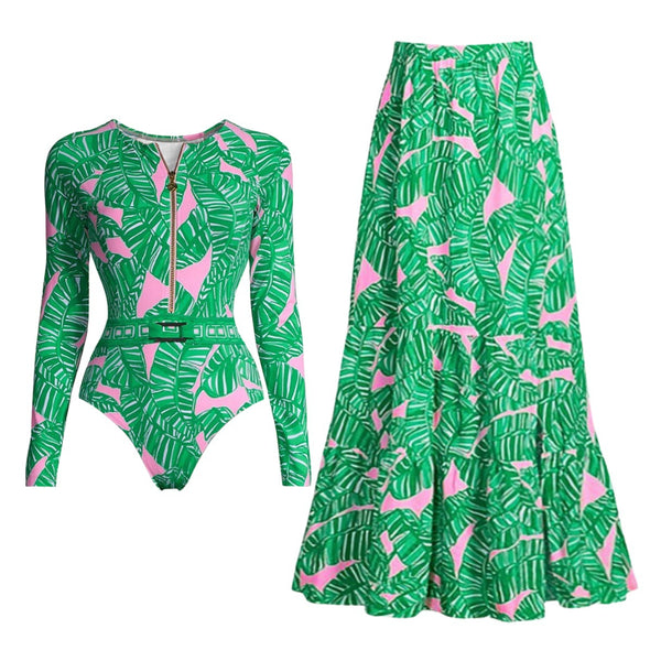 Green Tropical Long Sleeve One Piece Swimsuit With Beach Skirt