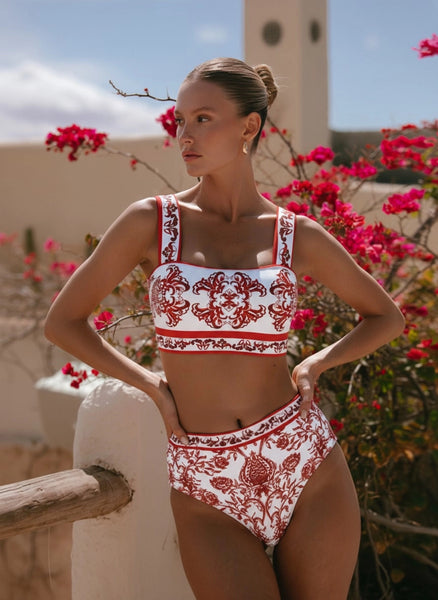 Red Majolica print High Waisted Bikini Set With Beach Skirt