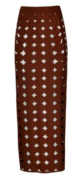 Brown Solid High Waisted Bikini Set With Beach Skirt