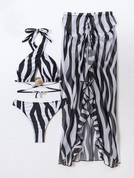 Multicolor Animal Print Halter Bikini Set With Beach Skirt