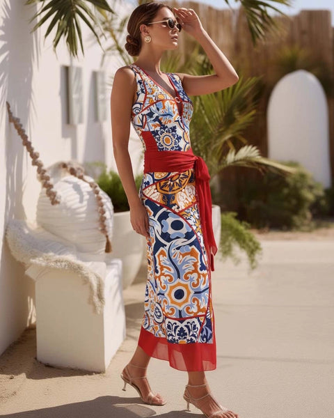 Red Geometric Tummy Control Swimsuit With Sarong