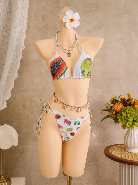 White Fruit Print Halter Bikini Set With Beach Pants