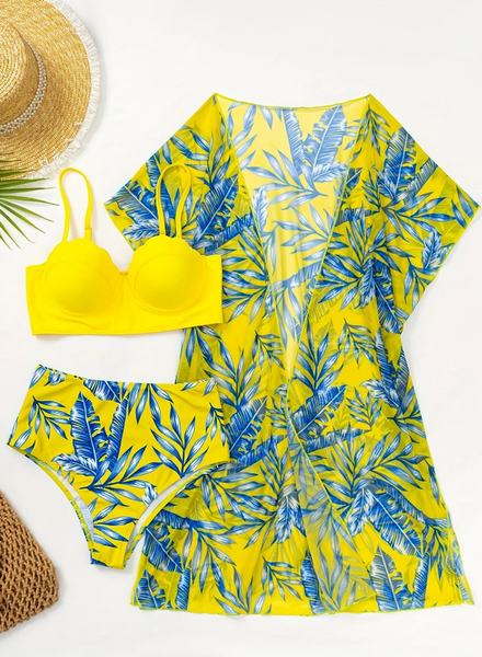 Shell Pattern High Waist Three Piece Swimsuit Yellow