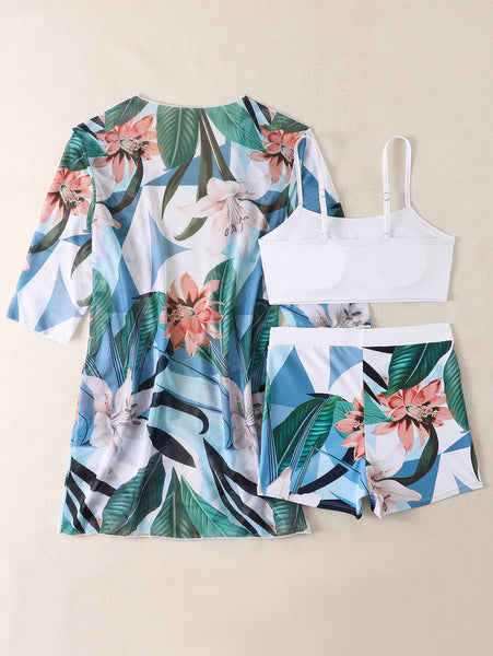 Floral Print Camisole Tank Top with Solid Color Flared Pants and Mid-Length Chiffon Blouse Sky Blue