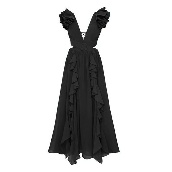 Black Solid Ruffle One Piece Swimsuit With Beach Skirt