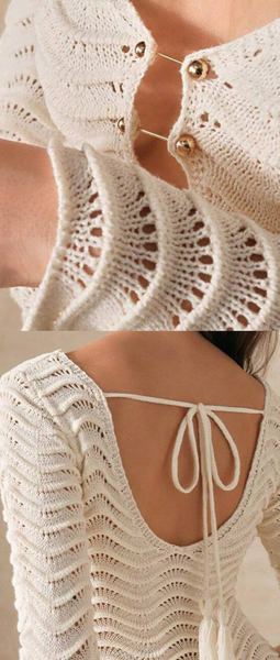 Cream Solid Crochet Knit Long Flare Sleeve Beach Dress
