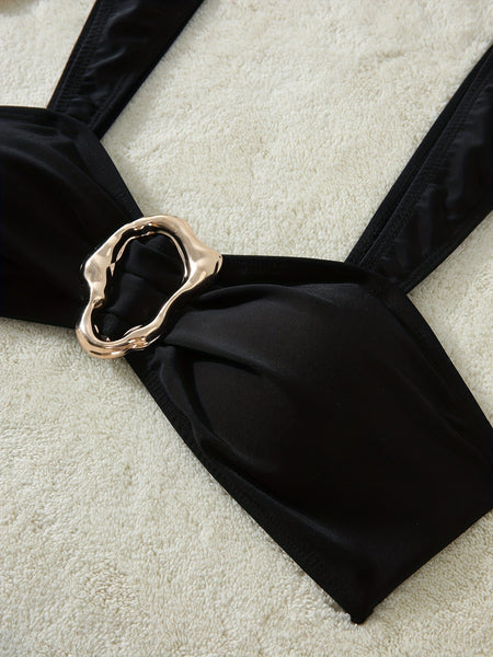 Black Solid High Leg Bikini Set