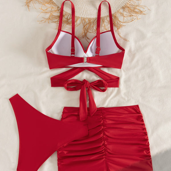 Red Solid Underwire Bikini Set With Beach Skirt