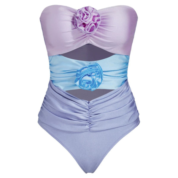 Gradient Flower With Strap Hollow One Piece Swimsuit with Mesh Skirt Two Piece Swimwear Multicolor