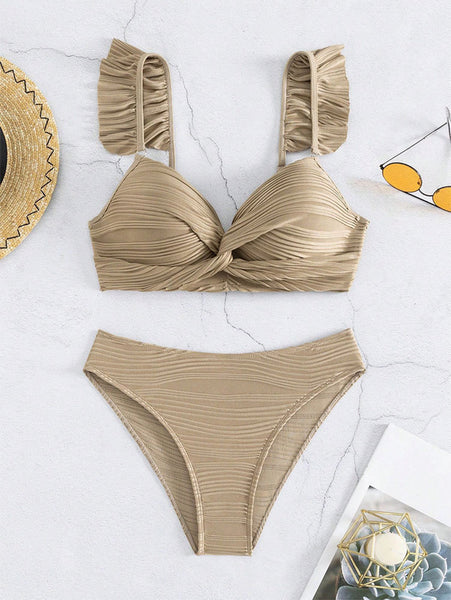 Pure Color Textured Twist Front Bikini Top and Bottom Brown