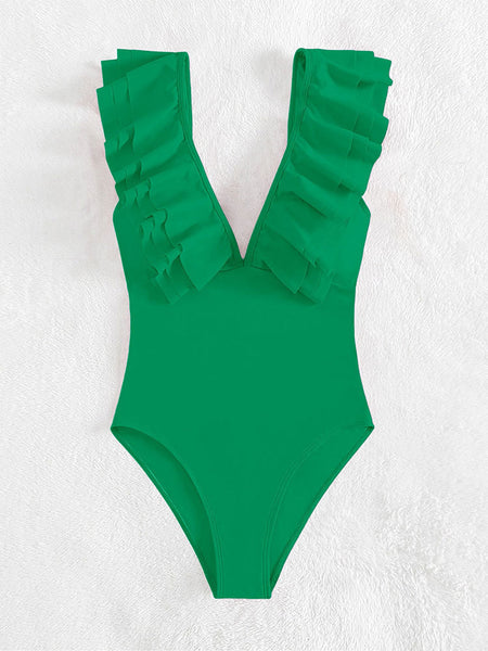 Green Solid Ruffle One Piece Swimsuit